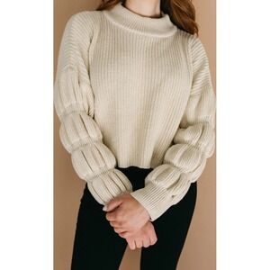 Miou Muse Womens Mock Neck Chunky Rib Knit Sweater Crop Bubble Sleeve Oatmeal S‎